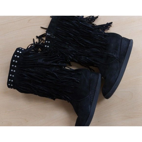 JUSTICE GIRLS BLACK FAUX SUEDE FRINGE RHINESTONE ZIP BOOTS SIZE 2 - Picture 3 of 7